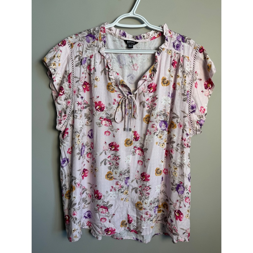 Buffalo David Bitton Floral V-Neck Short Sleeve Blouse Cottagecore Boho XXL Pink
